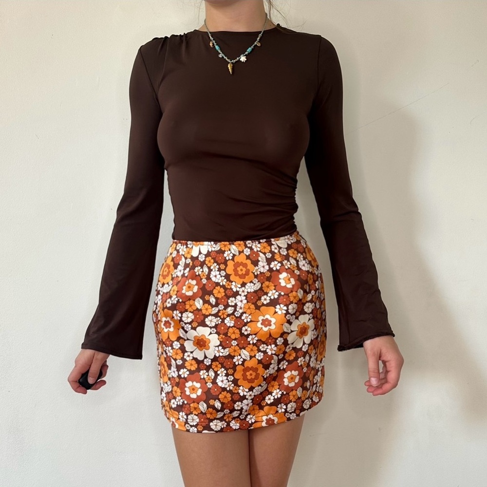 Orange and Brown Floral Mini Skirt